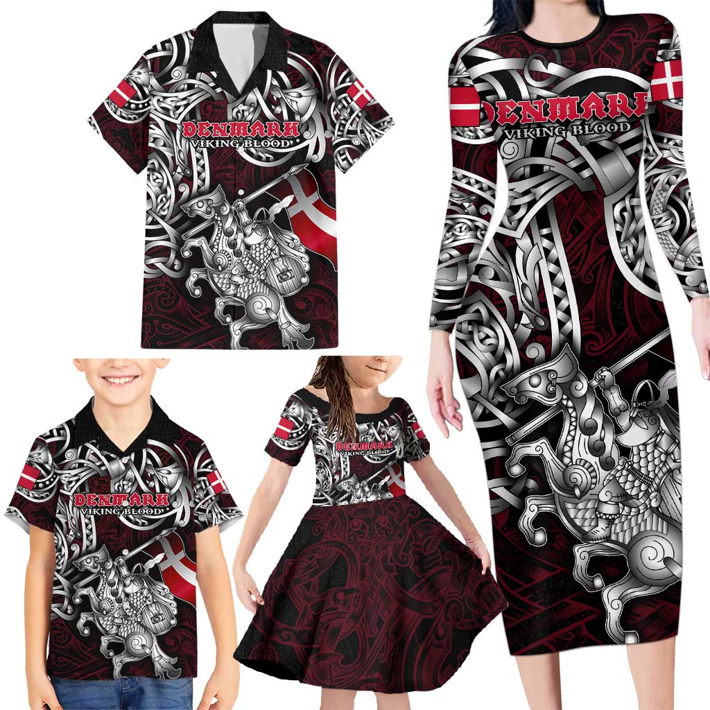 Personalized Denmark Viking Blood Family Matching Long Sleeve Bodycon Dress and Hawaiian Shirt Nordic Runes and Shield of Ancestry in Tribal Knotwork
