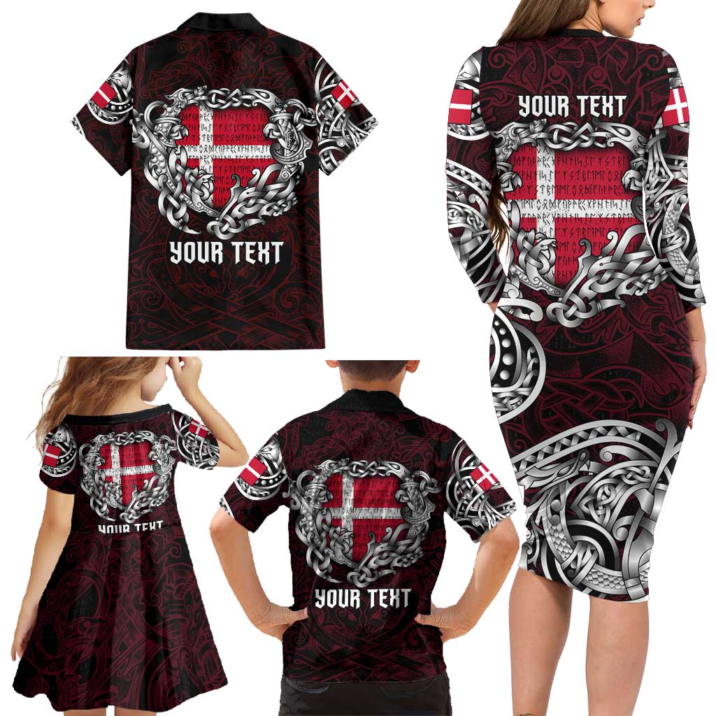 Personalized Denmark Viking Blood Family Matching Long Sleeve Bodycon Dress and Hawaiian Shirt Nordic Runes and Shield of Ancestry in Tribal Knotwork