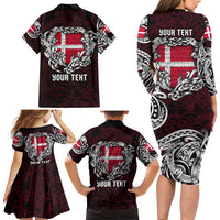Personalized Denmark Viking Blood Family Matching Long Sleeve Bodycon Dress and Hawaiian Shirt Nordic Runes and Shield of Ancestry in Tribal Knotwork