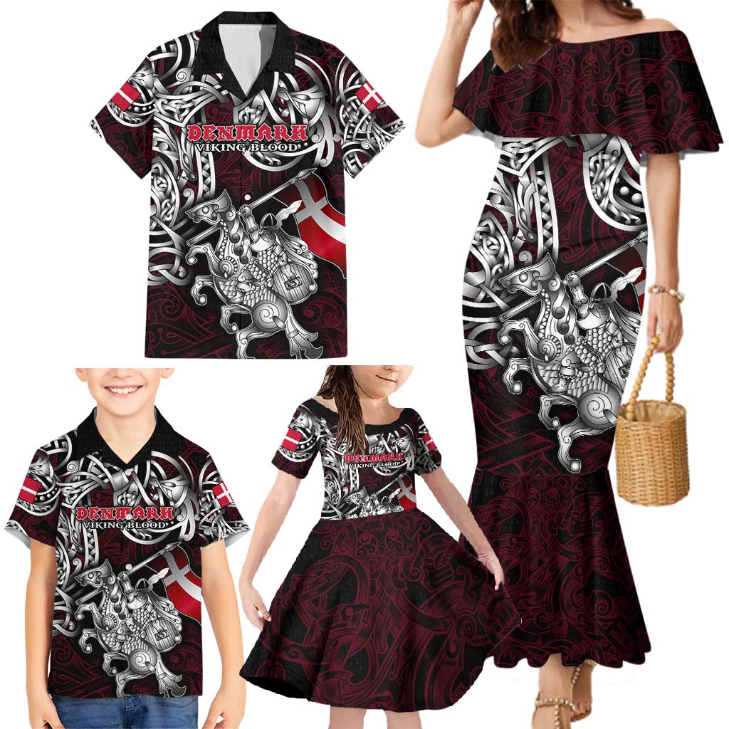 Personalized Denmark Viking Blood Family Matching Mermaid Dress and Hawaiian Shirt Nordic Runes and Shield of Ancestry in Tribal Knotwork