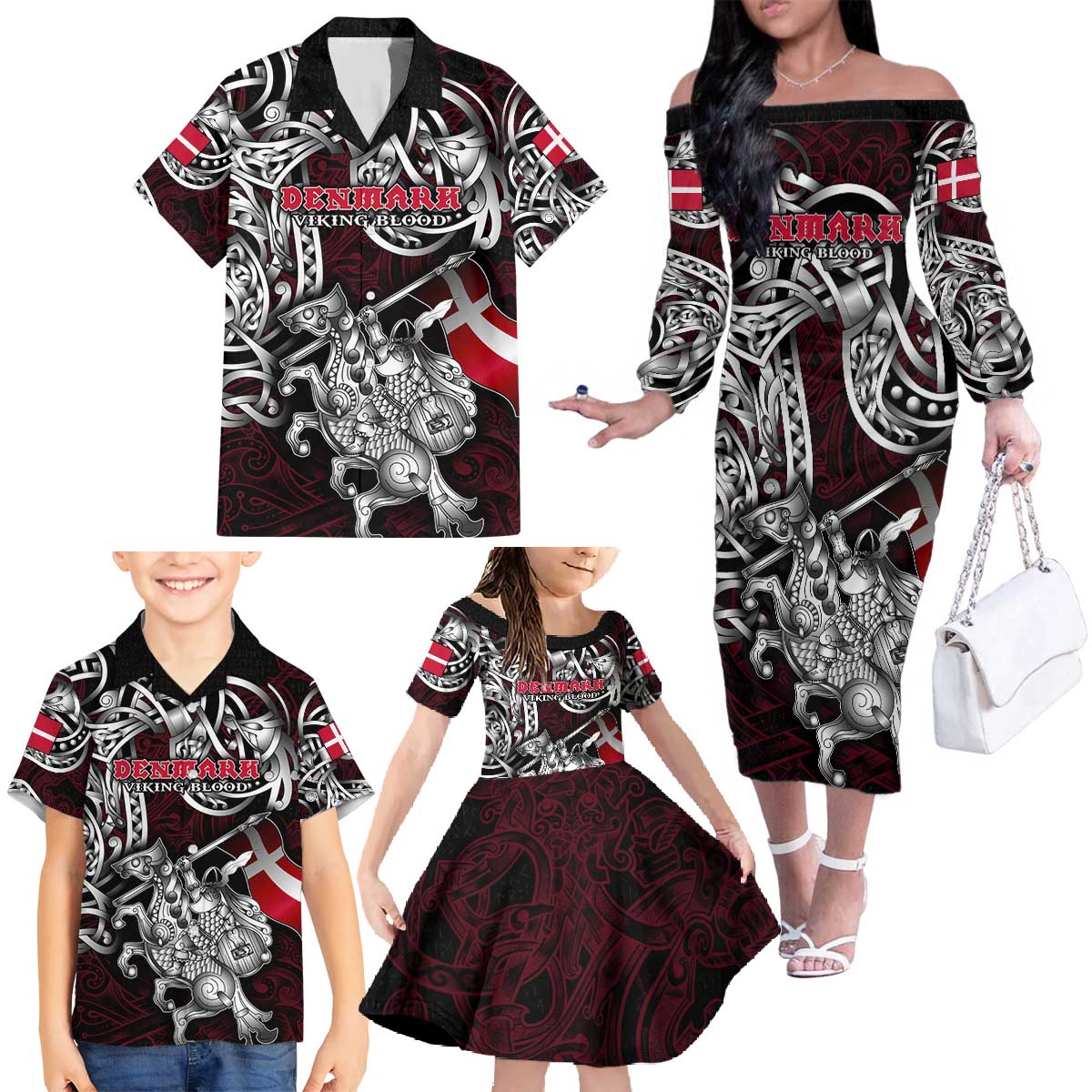 Personalized Denmark Viking Blood Family Matching Off The Shoulder Long Sleeve Dress and Hawaiian Shirt Nordic Runes and Shield of Ancestry in Tribal Knotwork