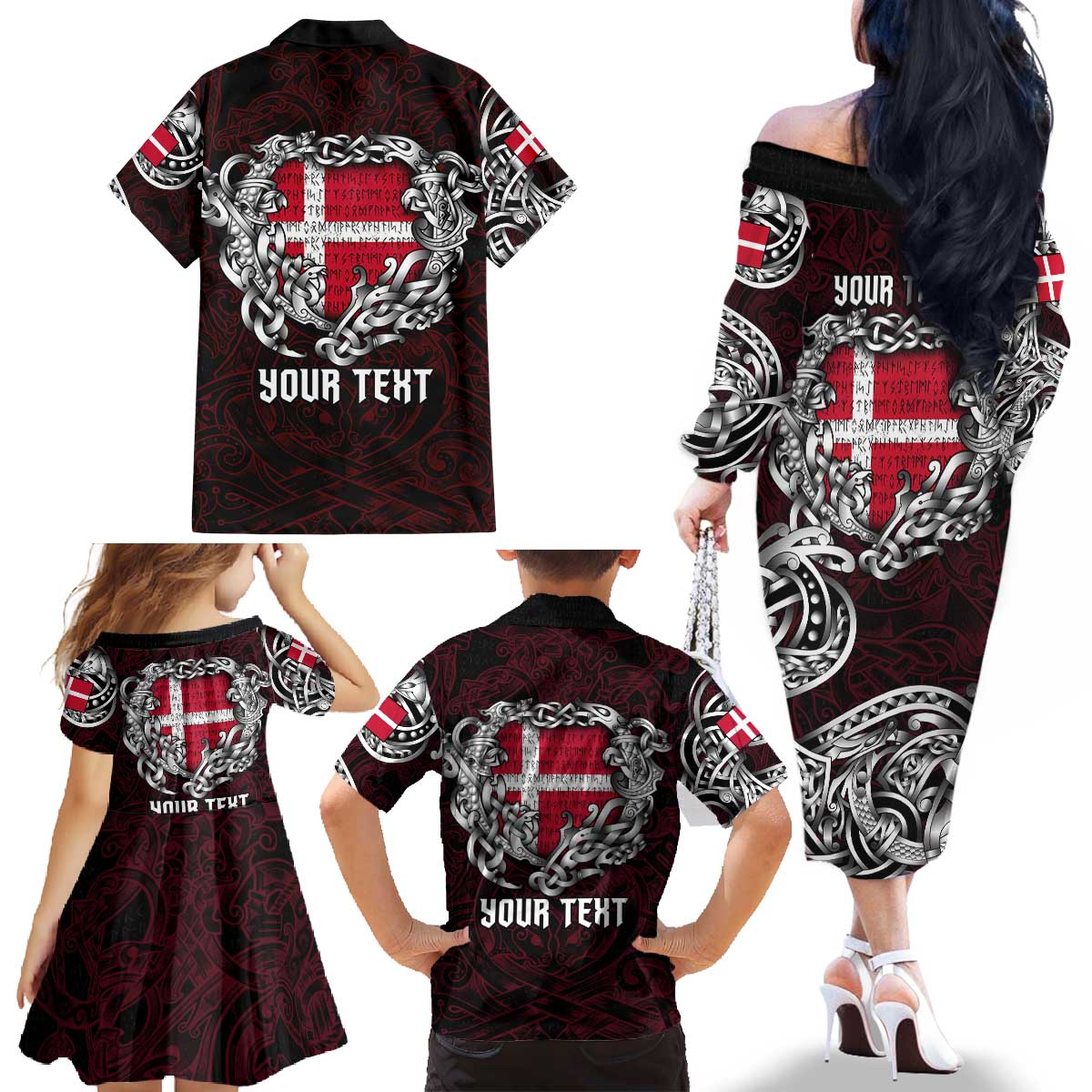Personalized Denmark Viking Blood Family Matching Off The Shoulder Long Sleeve Dress and Hawaiian Shirt Nordic Runes and Shield of Ancestry in Tribal Knotwork