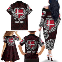 Personalized Denmark Viking Blood Family Matching Off The Shoulder Long Sleeve Dress and Hawaiian Shirt Nordic Runes and Shield of Ancestry in Tribal Knotwork
