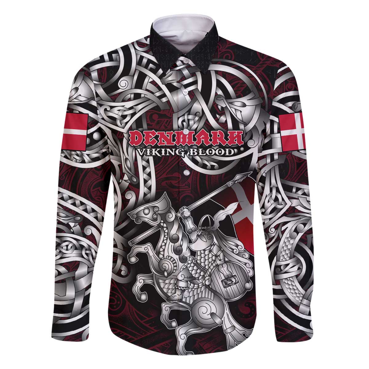 Personalized Denmark Viking Blood Family Matching Off The Shoulder Long Sleeve Dress and Hawaiian Shirt Nordic Runes and Shield of Ancestry in Tribal Knotwork