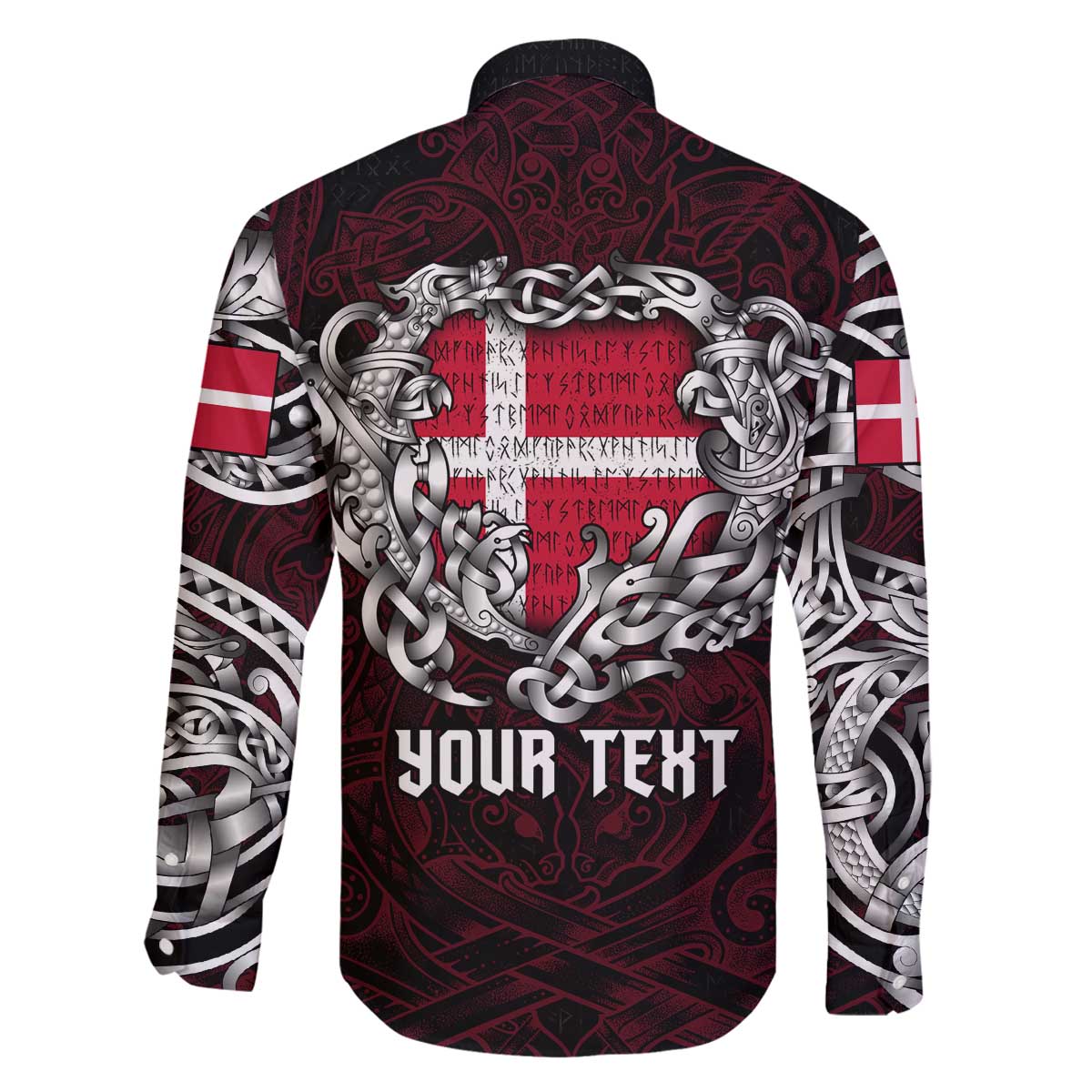 Personalized Denmark Viking Blood Family Matching Off The Shoulder Long Sleeve Dress and Hawaiian Shirt Nordic Runes and Shield of Ancestry in Tribal Knotwork