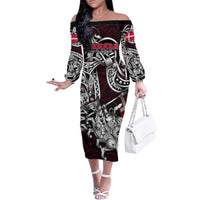 Personalized Denmark Viking Blood Family Matching Off The Shoulder Long Sleeve Dress and Hawaiian Shirt Nordic Runes and Shield of Ancestry in Tribal Knotwork