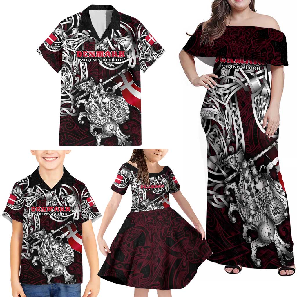 Personalized Denmark Viking Blood Family Matching Off Shoulder Maxi Dress and Hawaiian Shirt Nordic Runes and Shield of Ancestry in Tribal Knotwork