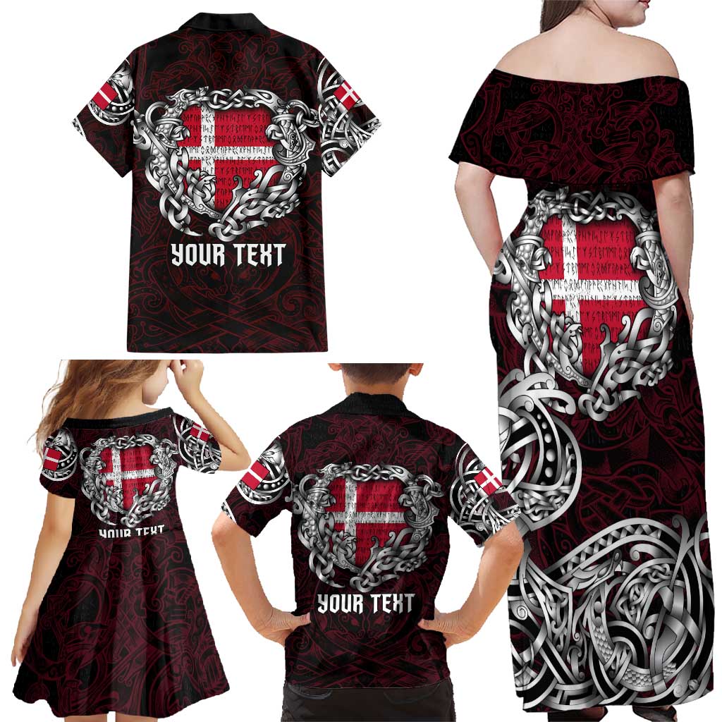 Personalized Denmark Viking Blood Family Matching Off Shoulder Maxi Dress and Hawaiian Shirt Nordic Runes and Shield of Ancestry in Tribal Knotwork