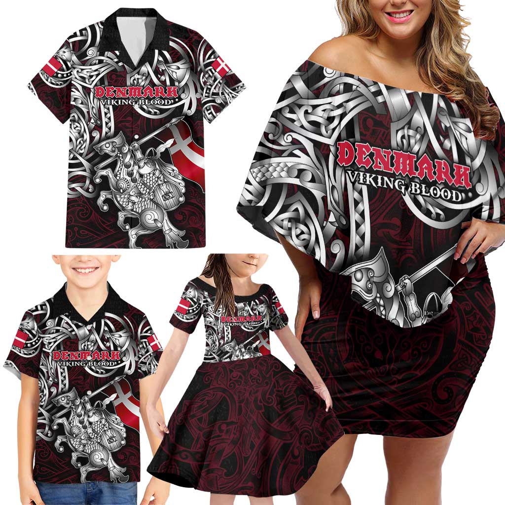 Personalized Denmark Viking Blood Family Matching Off Shoulder Short Dress and Hawaiian Shirt Nordic Runes and Shield of Ancestry in Tribal Knotwork