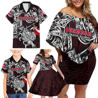 Personalized Denmark Viking Blood Family Matching Off Shoulder Short Dress and Hawaiian Shirt Nordic Runes and Shield of Ancestry in Tribal Knotwork