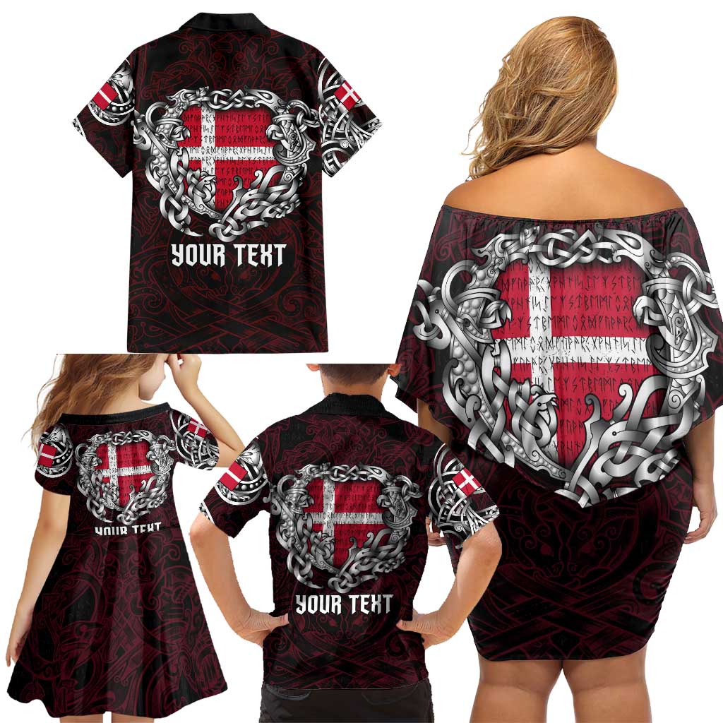 Personalized Denmark Viking Blood Family Matching Off Shoulder Short Dress and Hawaiian Shirt Nordic Runes and Shield of Ancestry in Tribal Knotwork