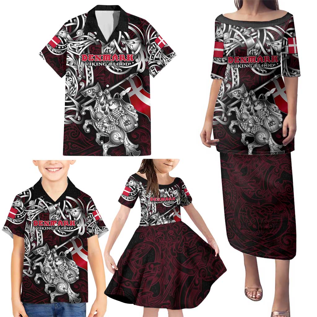 Personalized Denmark Viking Blood Family Matching Puletasi and Hawaiian Shirt Nordic Runes and Shield of Ancestry in Tribal Knotwork