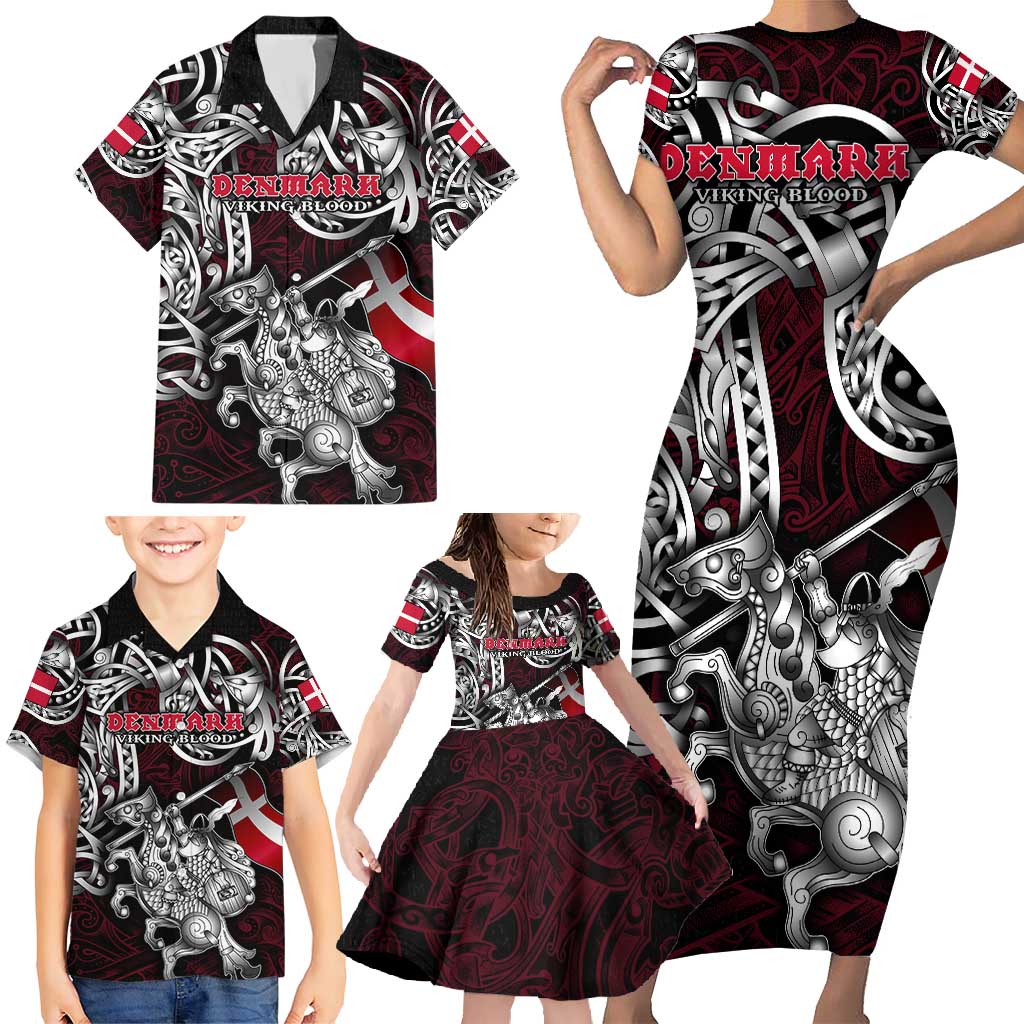 Personalized Denmark Viking Blood Family Matching Short Sleeve Bodycon Dress and Hawaiian Shirt Nordic Runes and Shield of Ancestry in Tribal Knotwork