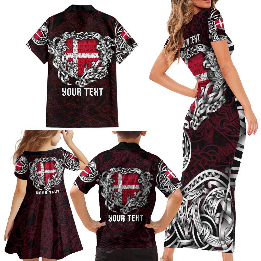 Personalized Denmark Viking Blood Family Matching Short Sleeve Bodycon Dress and Hawaiian Shirt Nordic Runes and Shield of Ancestry in Tribal Knotwork