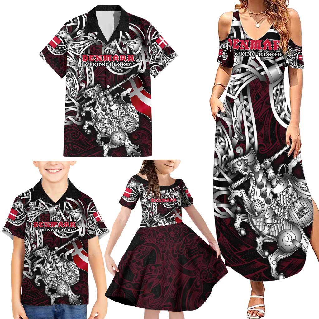 Personalized Denmark Viking Blood Family Matching Summer Maxi Dress and Hawaiian Shirt Nordic Runes and Shield of Ancestry in Tribal Knotwork