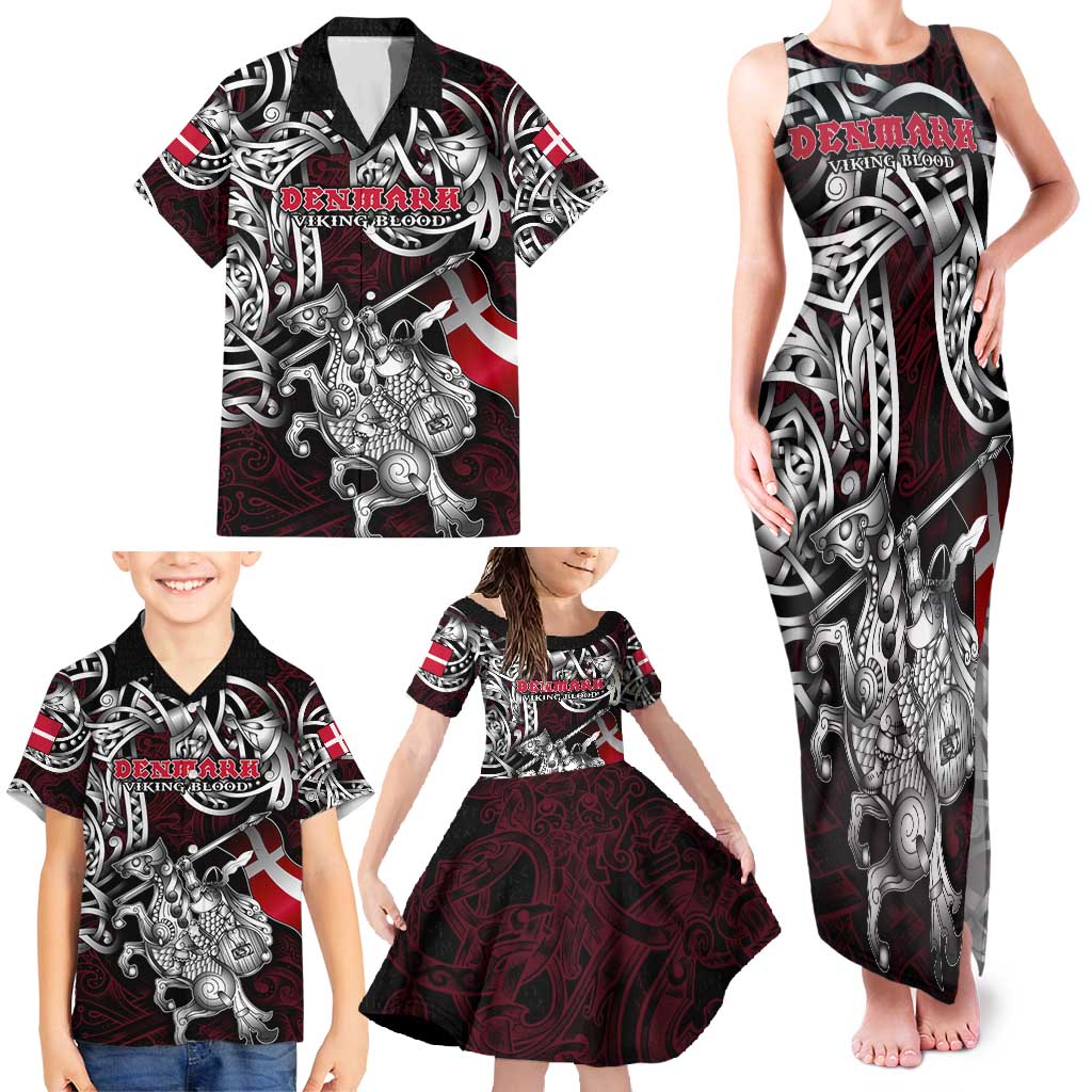 Personalized Denmark Viking Blood Family Matching Tank Maxi Dress and Hawaiian Shirt Nordic Runes and Shield of Ancestry in Tribal Knotwork