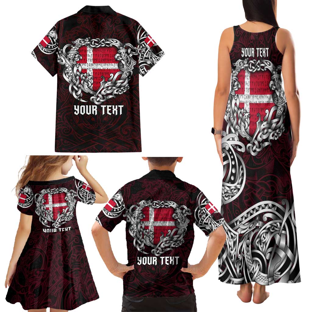 Personalized Denmark Viking Blood Family Matching Tank Maxi Dress and Hawaiian Shirt Nordic Runes and Shield of Ancestry in Tribal Knotwork