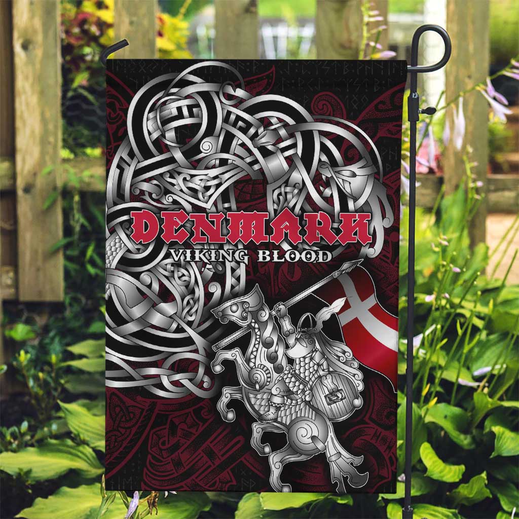 Denmark Viking Blood Garden Flag Nordic Runes and Shield of Ancestry in Tribal Knotwork