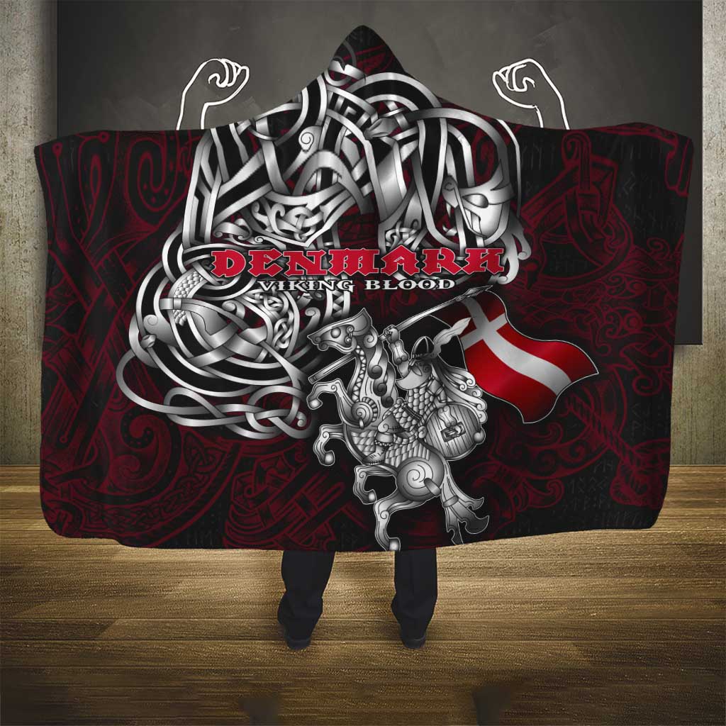 Denmark Viking Blood Hooded Blanket Nordic Runes and Shield of Ancestry in Tribal Knotwork