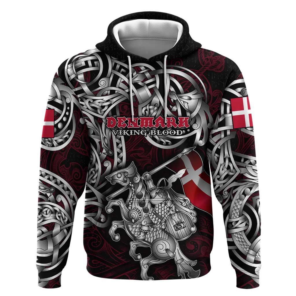 Personalized Denmark Viking Blood Hoodie Nordic Runes and Shield of Ancestry in Tribal Knotwork