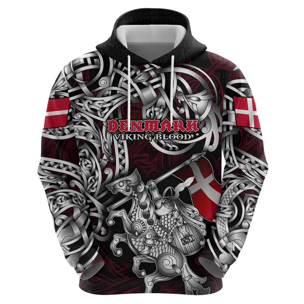 Personalized Denmark Viking Blood Hoodie Nordic Runes and Shield of Ancestry in Tribal Knotwork
