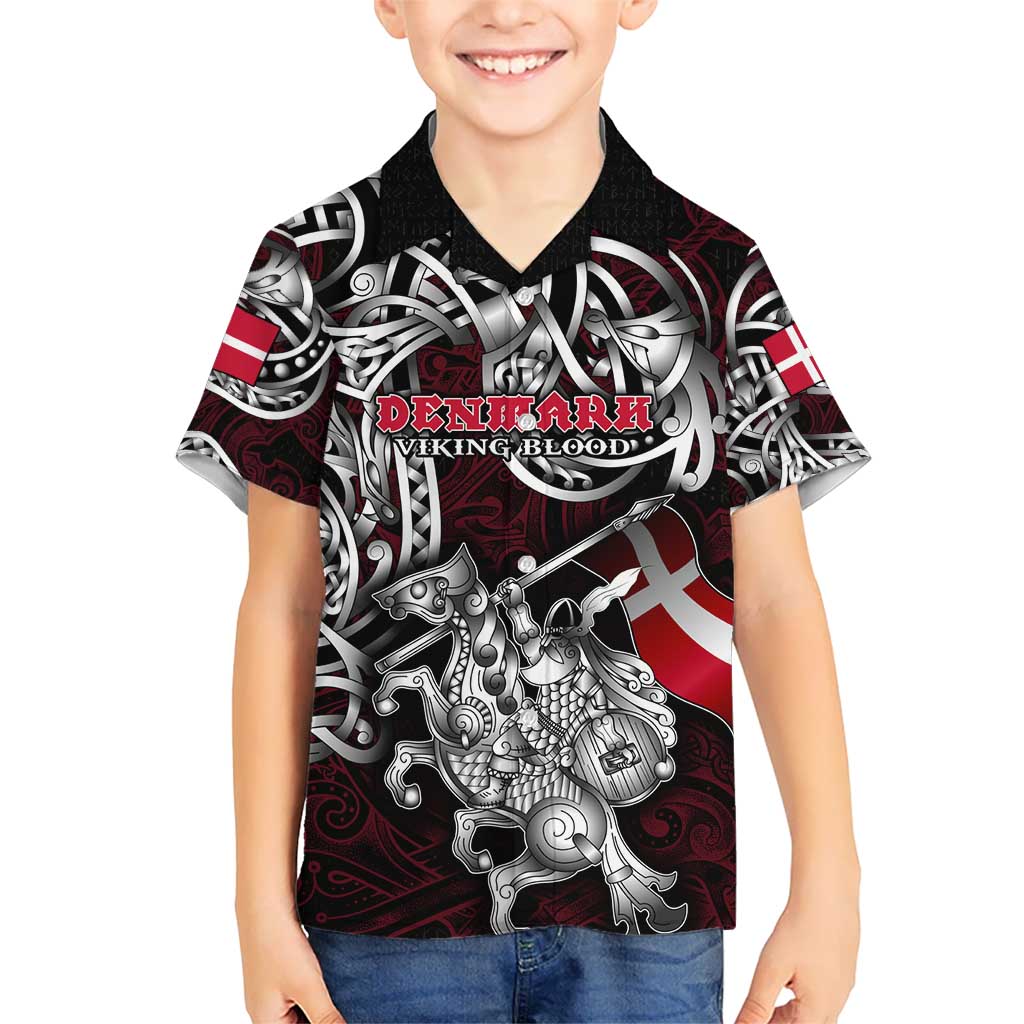 Personalized Denmark Viking Blood Kid Hawaiian Shirt Nordic Runes and Shield of Ancestry in Tribal Knotwork