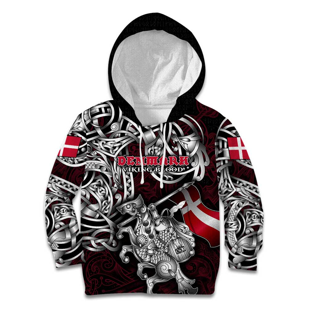 Personalized Denmark Viking Blood Kid Hoodie Nordic Runes and Shield of Ancestry in Tribal Knotwork