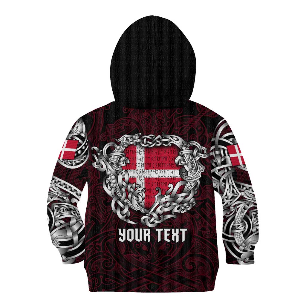 Personalized Denmark Viking Blood Kid Hoodie Nordic Runes and Shield of Ancestry in Tribal Knotwork