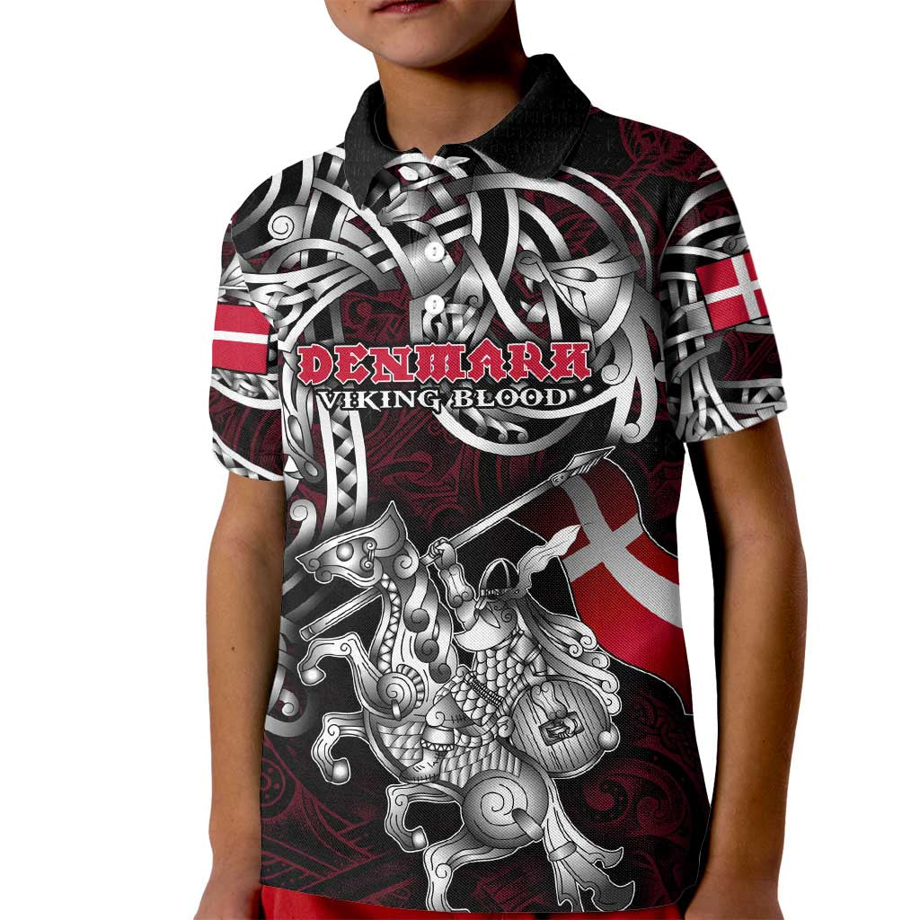 Personalized Denmark Viking Blood Kid Polo Shirt Nordic Runes and Shield of Ancestry in Tribal Knotwork