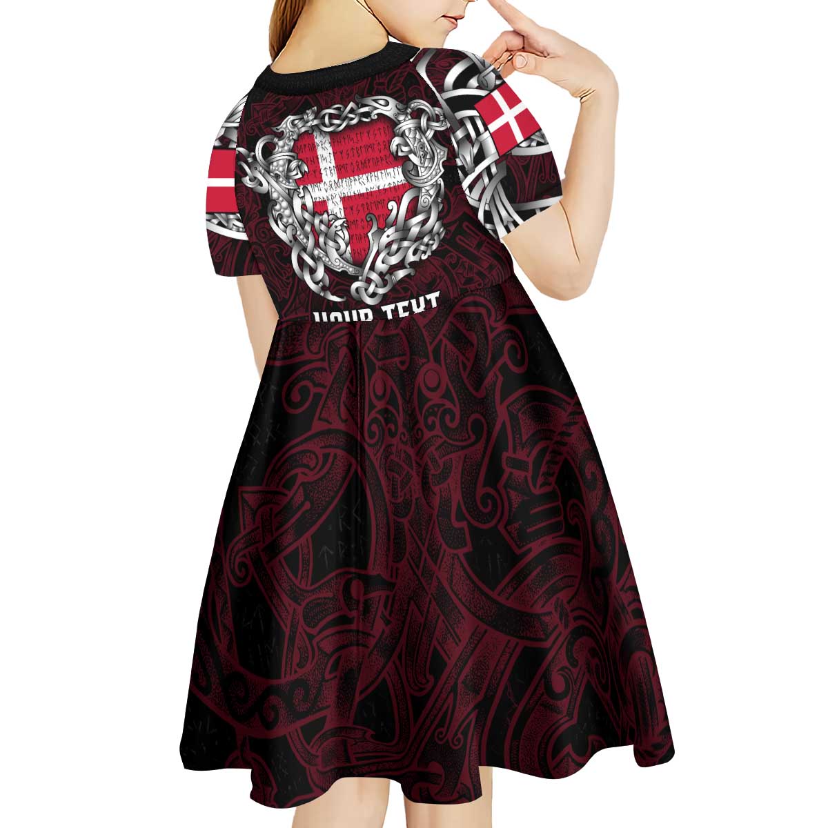 Personalized Denmark Viking Blood Kid Short Sleeve Dress Nordic Runes and Shield of Ancestry in Tribal Knotwork