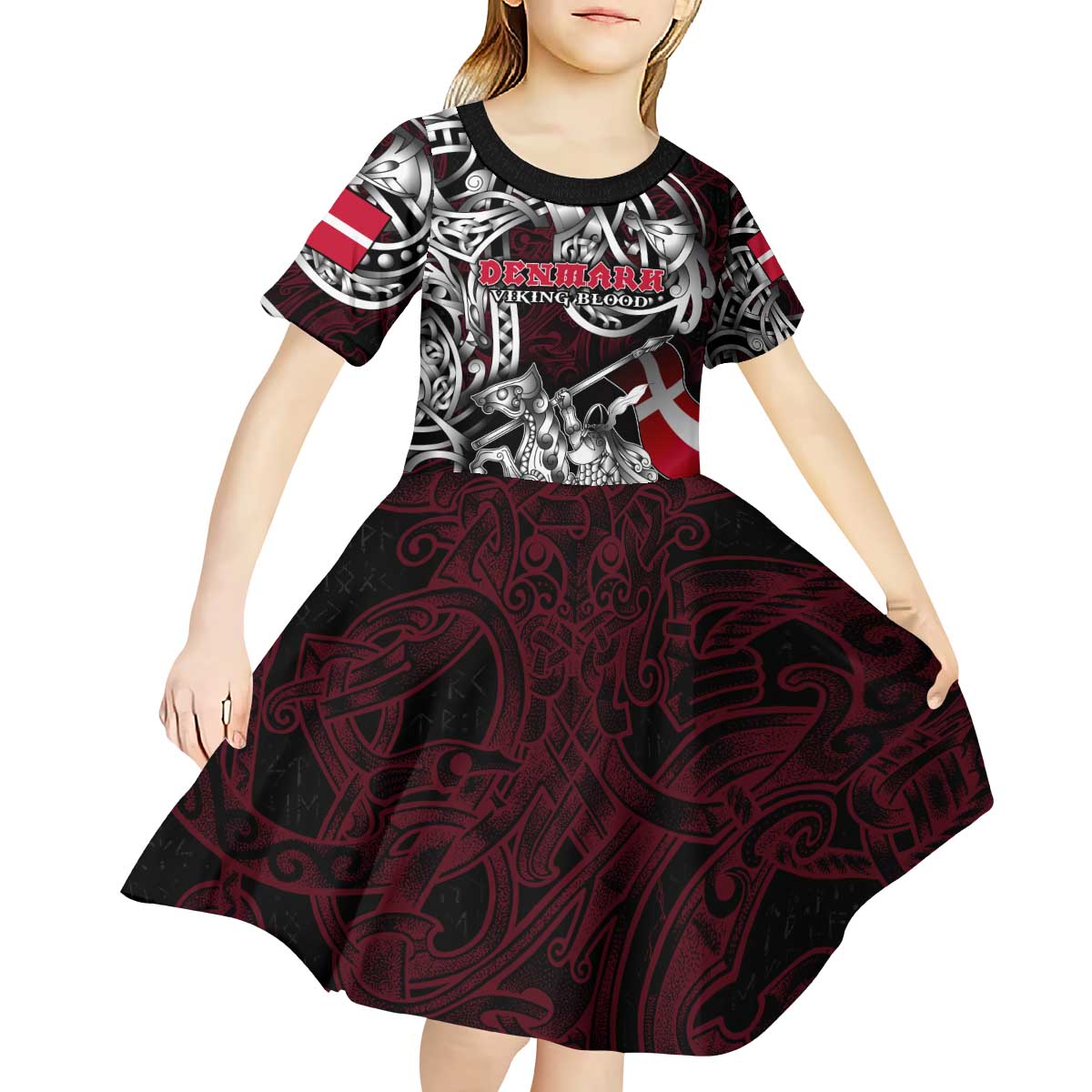 Personalized Denmark Viking Blood Kid Short Sleeve Dress Nordic Runes and Shield of Ancestry in Tribal Knotwork