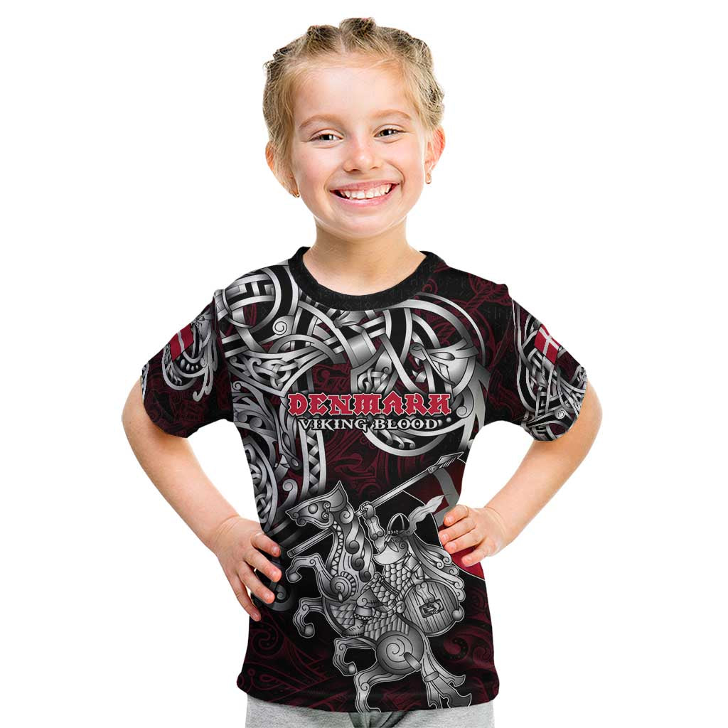 Personalized Denmark Viking Blood Kid T Shirt Nordic Runes and Shield of Ancestry in Tribal Knotwork