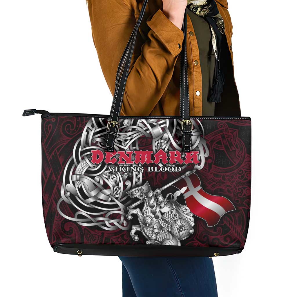Denmark Viking Blood Leather Tote Bag Nordic Runes and Shield of Ancestry in Tribal Knotwork