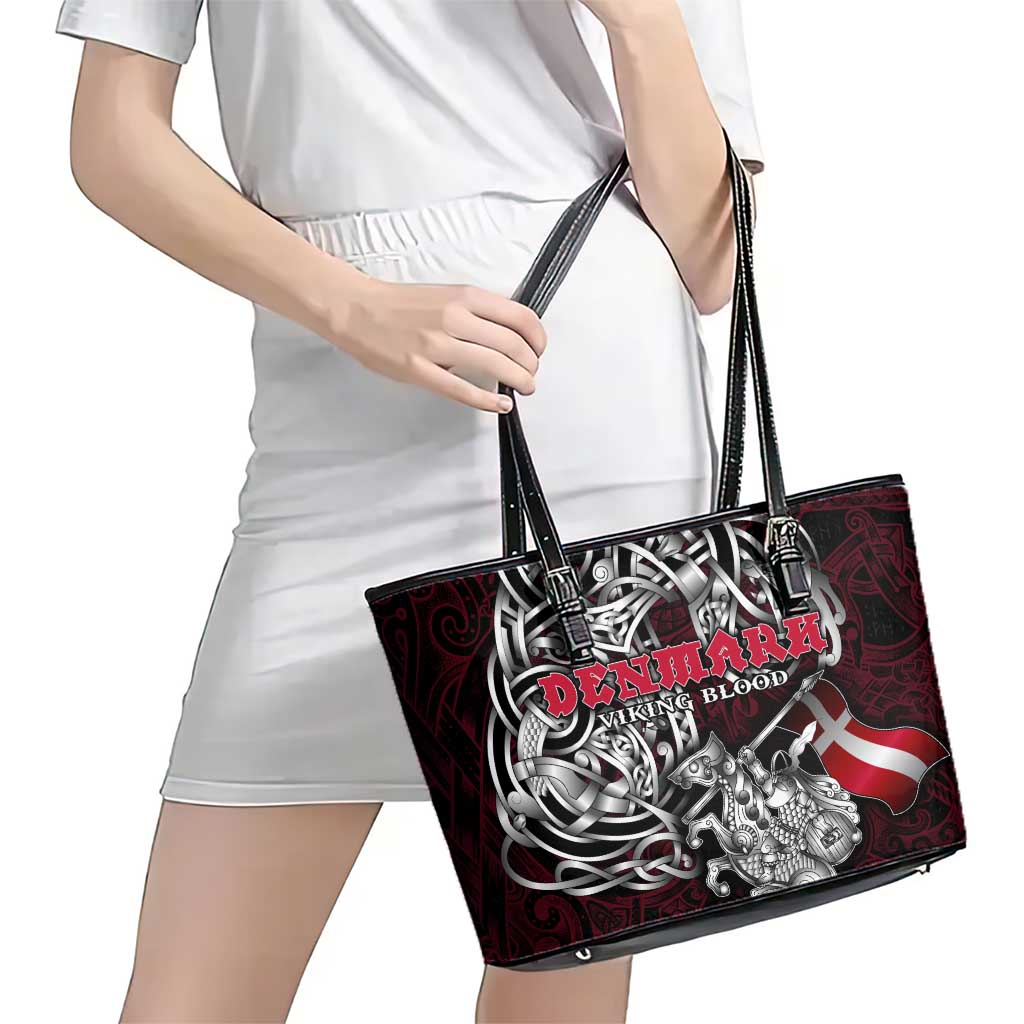 Denmark Viking Blood Leather Tote Bag Nordic Runes and Shield of Ancestry in Tribal Knotwork