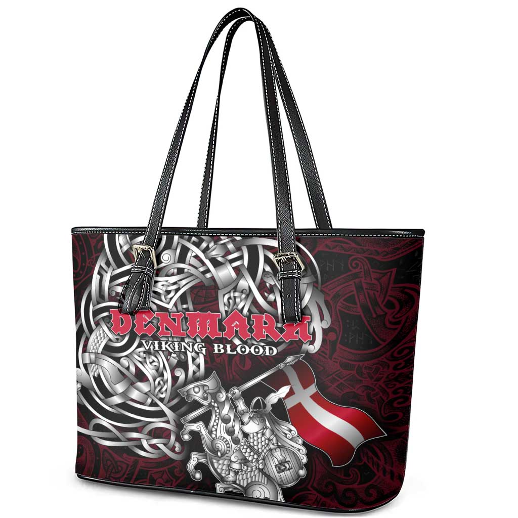 Denmark Viking Blood Leather Tote Bag Nordic Runes and Shield of Ancestry in Tribal Knotwork