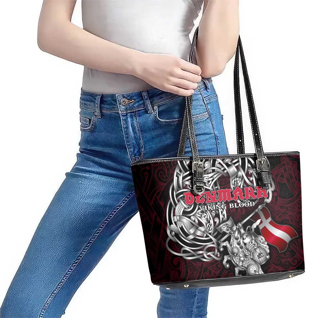 Denmark Viking Blood Leather Tote Bag Nordic Runes and Shield of Ancestry in Tribal Knotwork