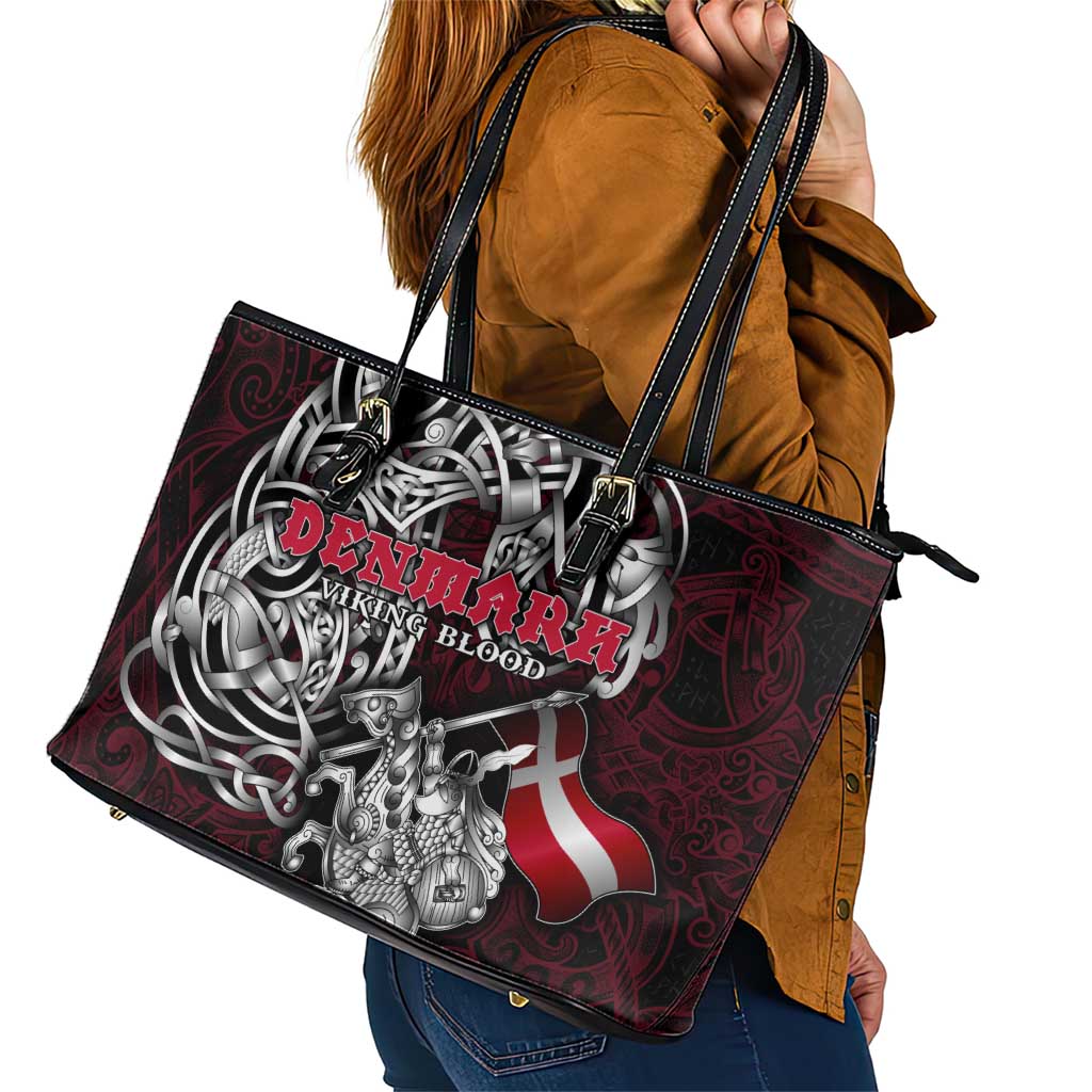 Denmark Viking Blood Leather Tote Bag Nordic Runes and Shield of Ancestry in Tribal Knotwork