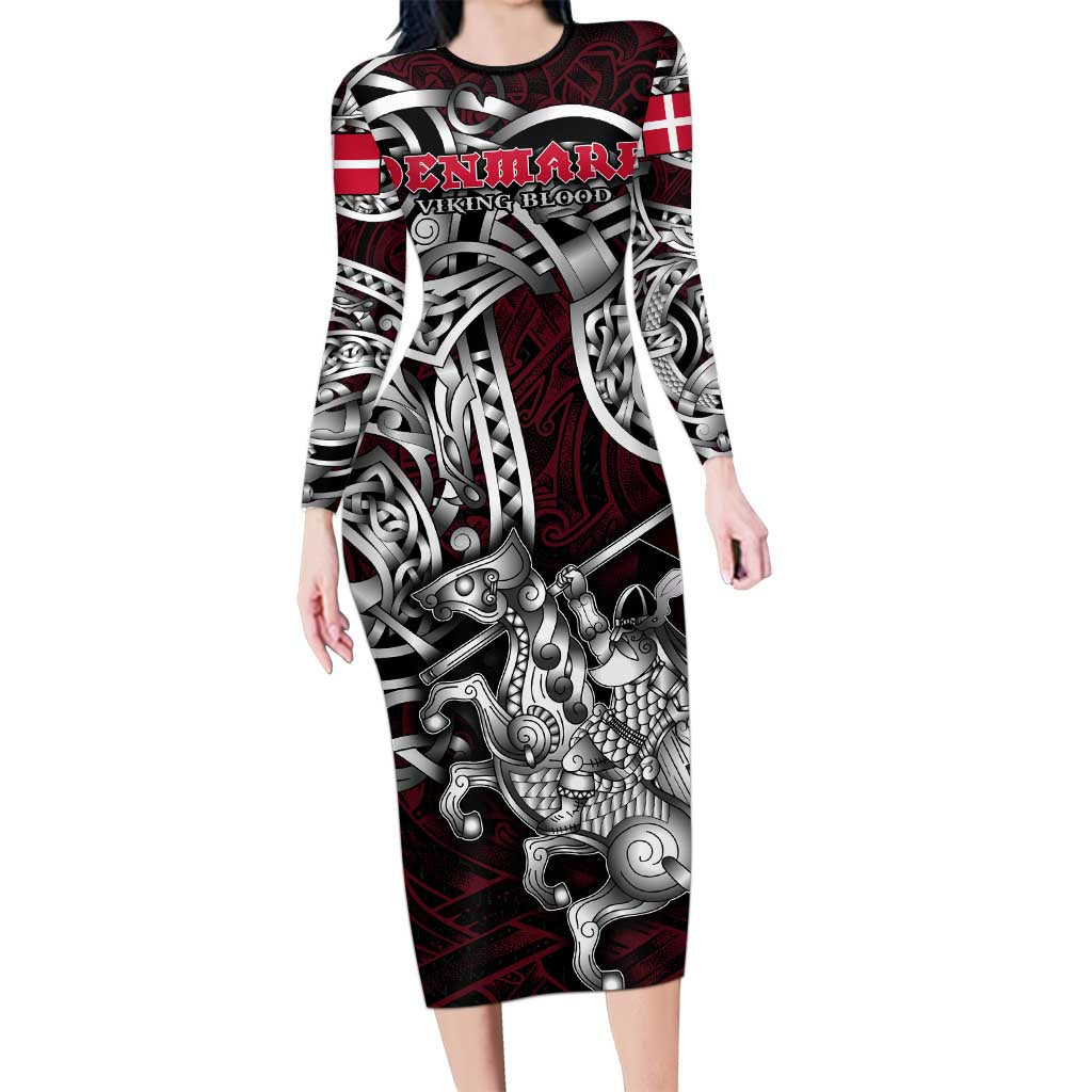 Personalized Denmark Viking Blood Long Sleeve Bodycon Dress Nordic Runes and Shield of Ancestry in Tribal Knotwork