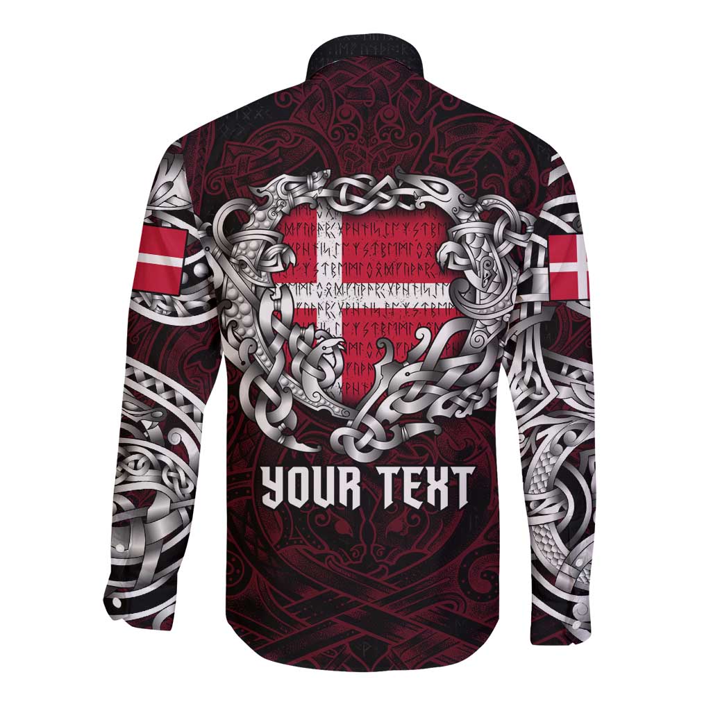Personalized Denmark Viking Blood Long Sleeve Button Shirt Nordic Runes and Shield of Ancestry in Tribal Knotwork