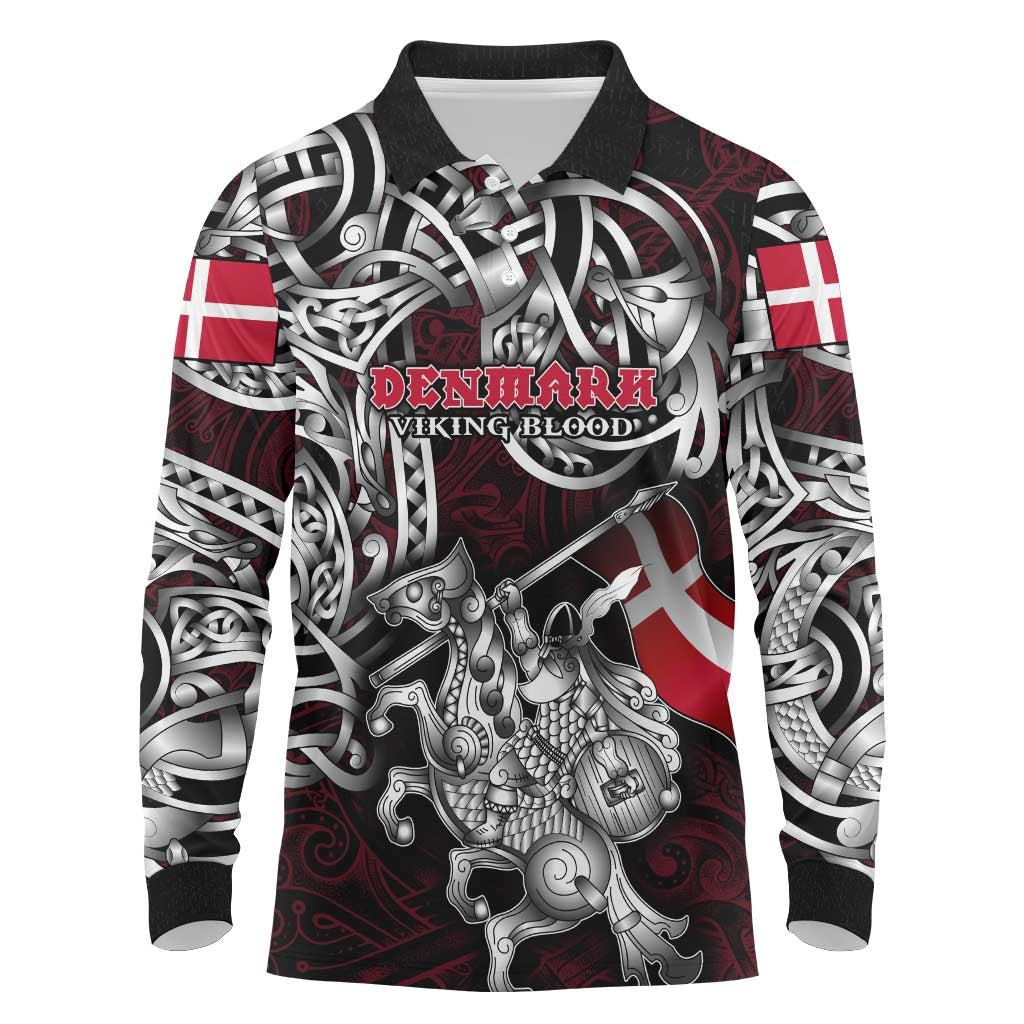 Personalized Denmark Viking Blood Long Sleeve Polo Shirt Nordic Runes and Shield of Ancestry in Tribal Knotwork