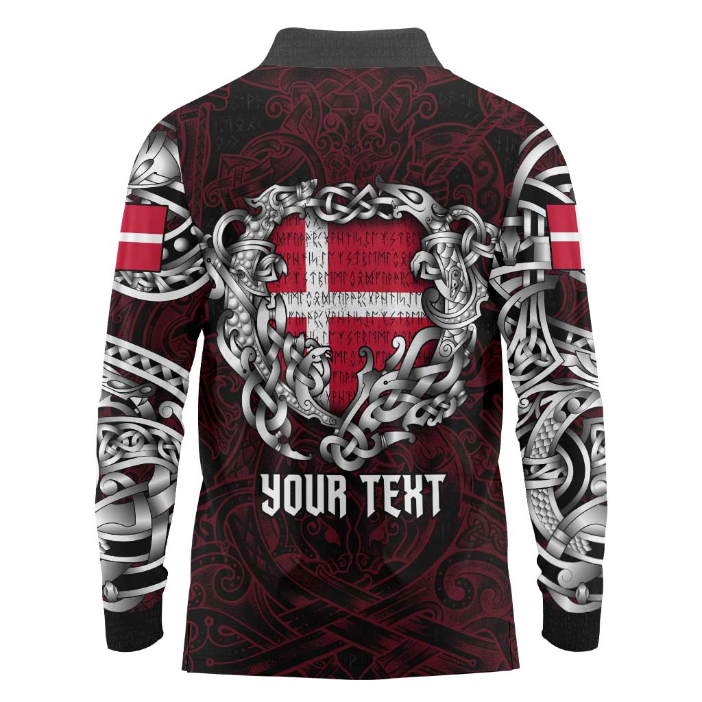 Personalized Denmark Viking Blood Long Sleeve Polo Shirt Nordic Runes and Shield of Ancestry in Tribal Knotwork
