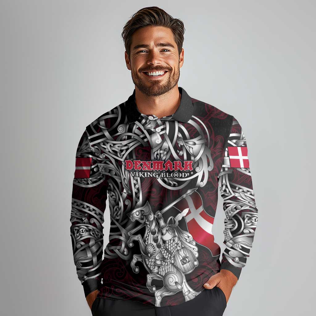 Personalized Denmark Viking Blood Long Sleeve Polo Shirt Nordic Runes and Shield of Ancestry in Tribal Knotwork