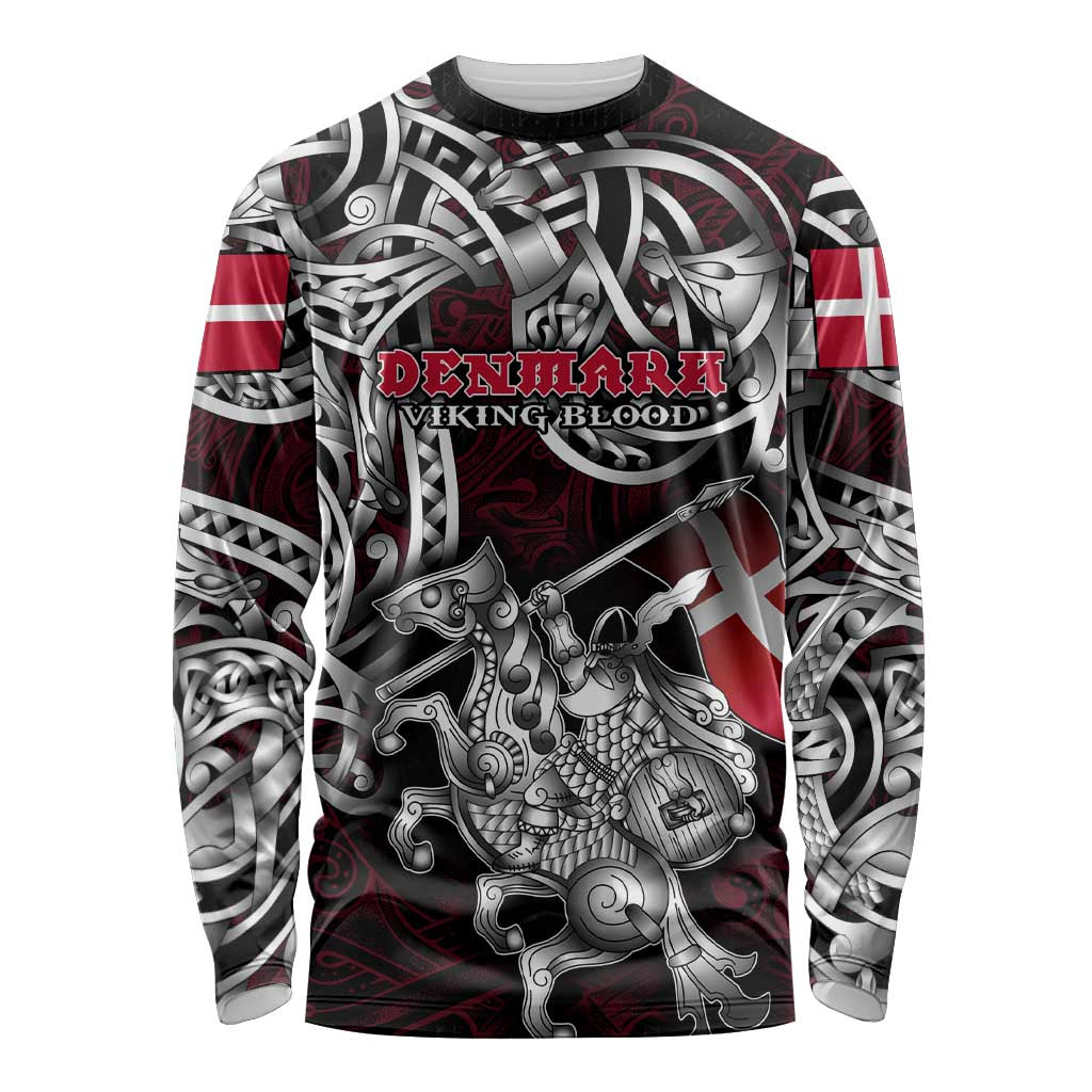 Personalized Denmark Viking Blood Long Sleeve Shirt Nordic Runes and Shield of Ancestry in Tribal Knotwork