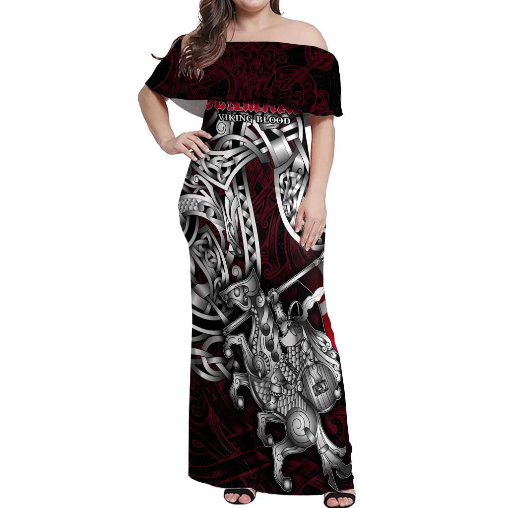 Personalized Denmark Viking Blood Off Shoulder Maxi Dress Nordic Runes and Shield of Ancestry in Tribal Knotwork
