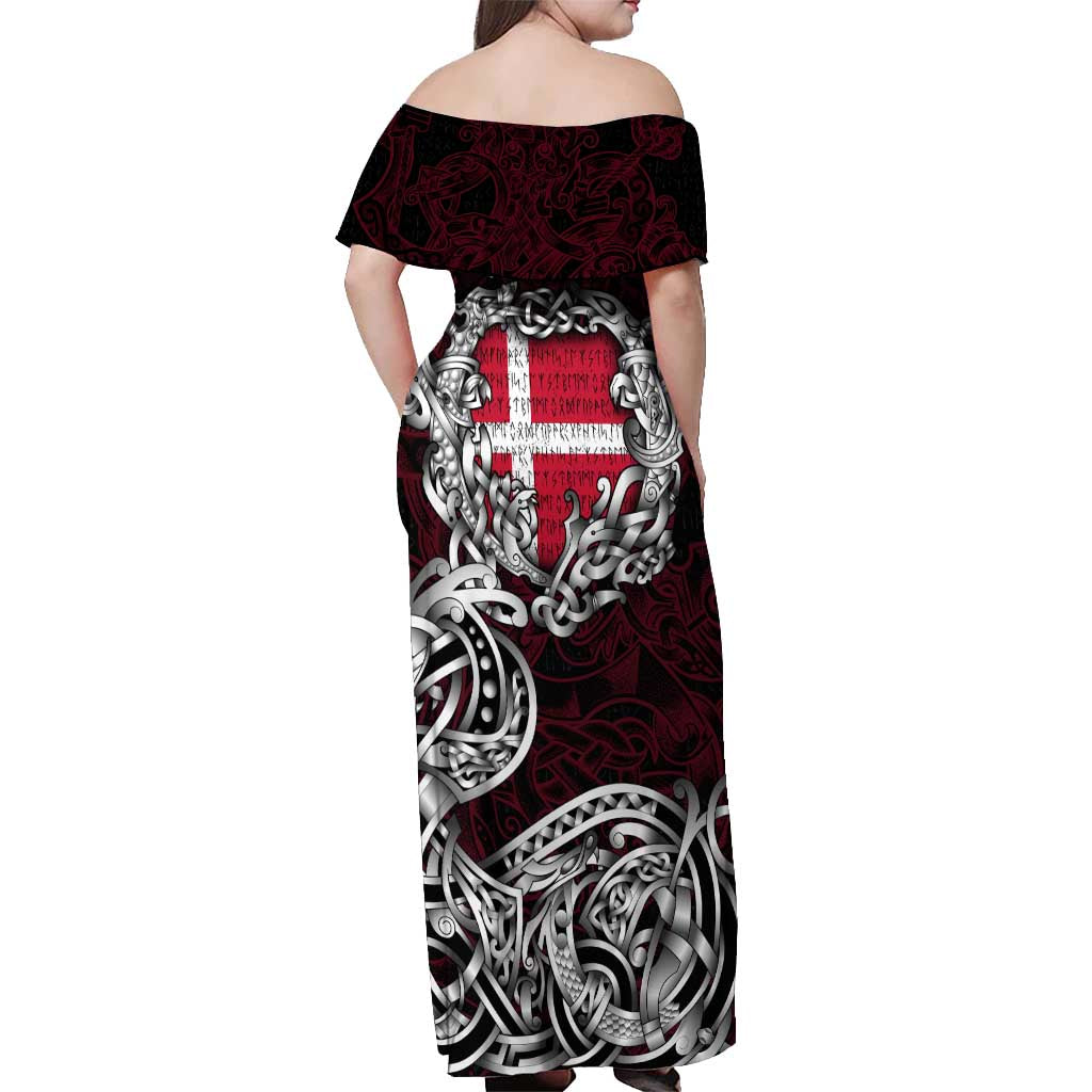 Personalized Denmark Viking Blood Off Shoulder Maxi Dress Nordic Runes and Shield of Ancestry in Tribal Knotwork