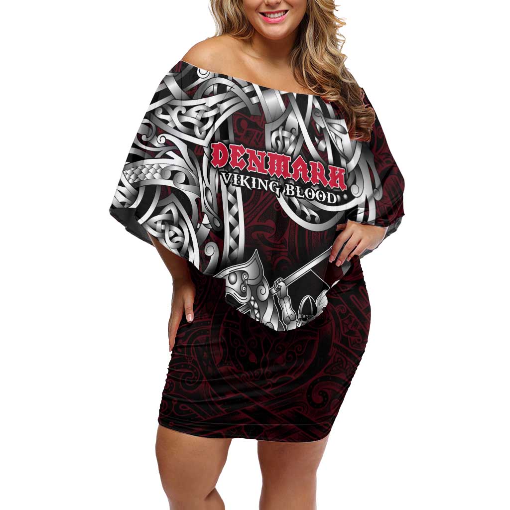 Personalized Denmark Viking Blood Off Shoulder Short Dress Nordic Runes and Shield of Ancestry in Tribal Knotwork