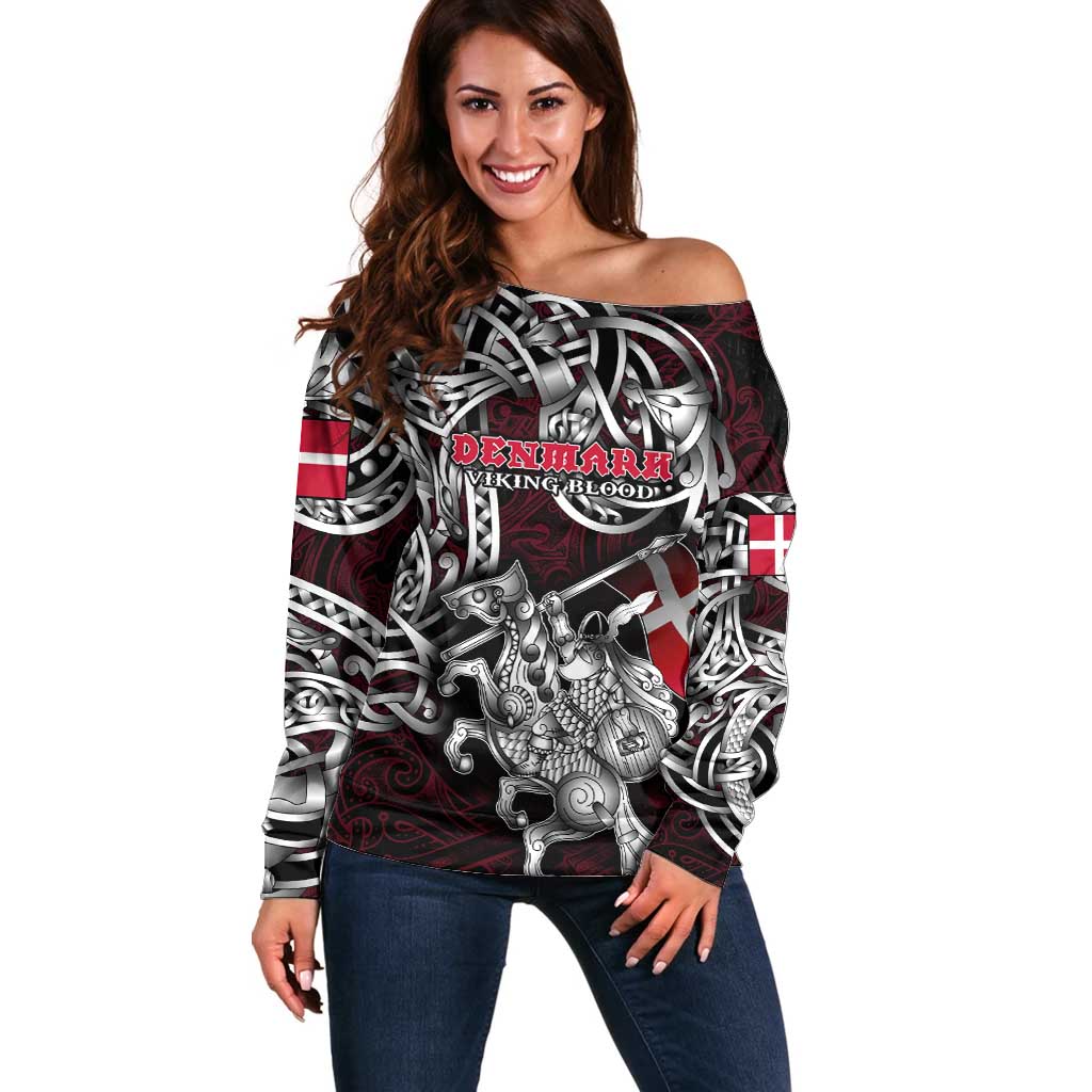 Personalized Denmark Viking Blood Off Shoulder Sweater Nordic Runes and Shield of Ancestry in Tribal Knotwork