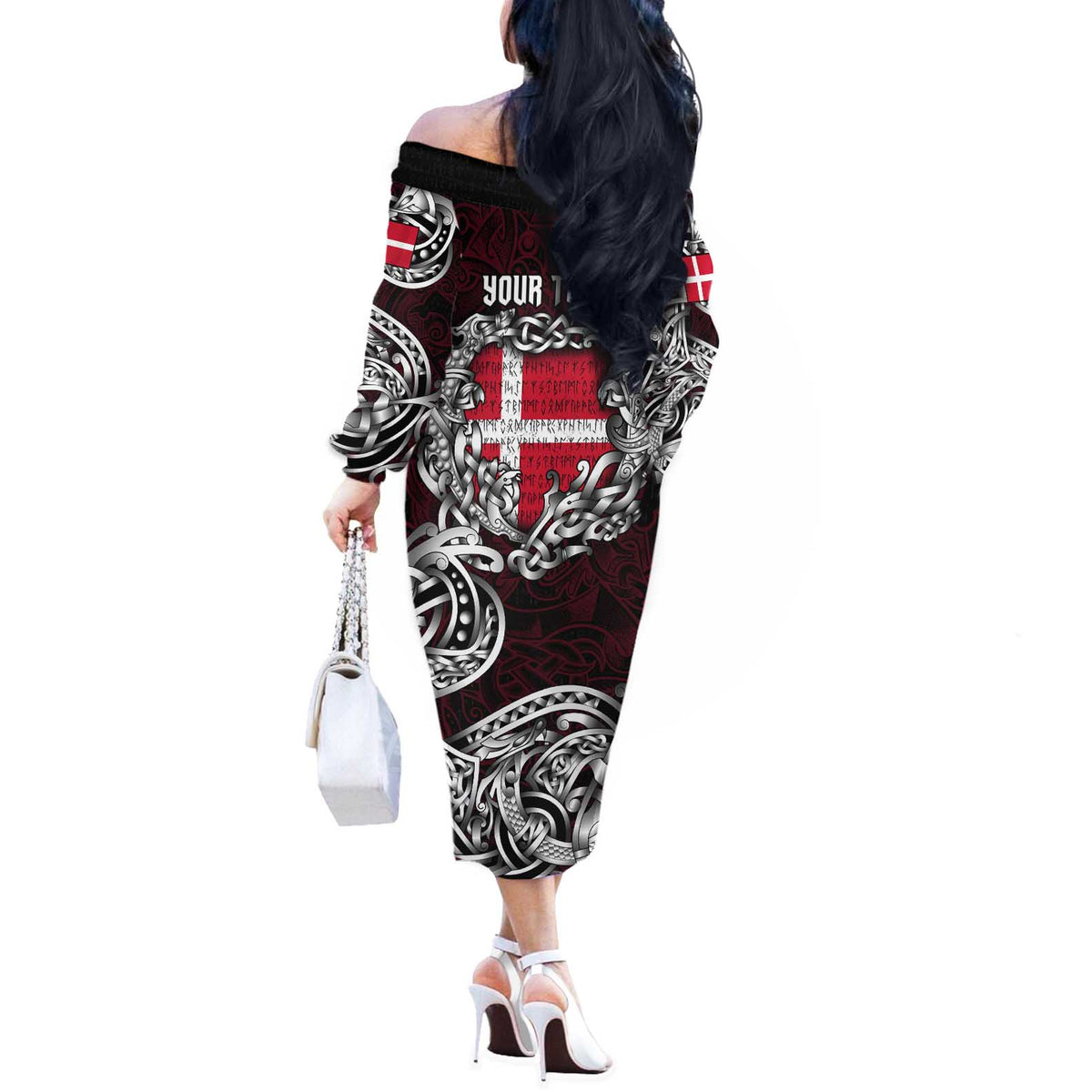 Personalized Denmark Viking Blood Off The Shoulder Long Sleeve Dress Nordic Runes and Shield of Ancestry in Tribal Knotwork