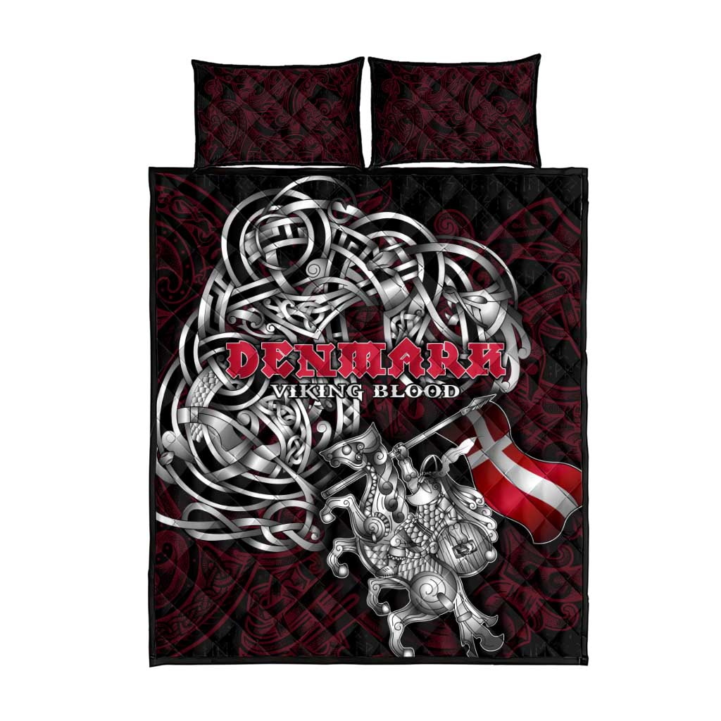 Denmark Viking Blood Quilt Bed Set Nordic Runes and Shield of Ancestry in Tribal Knotwork
