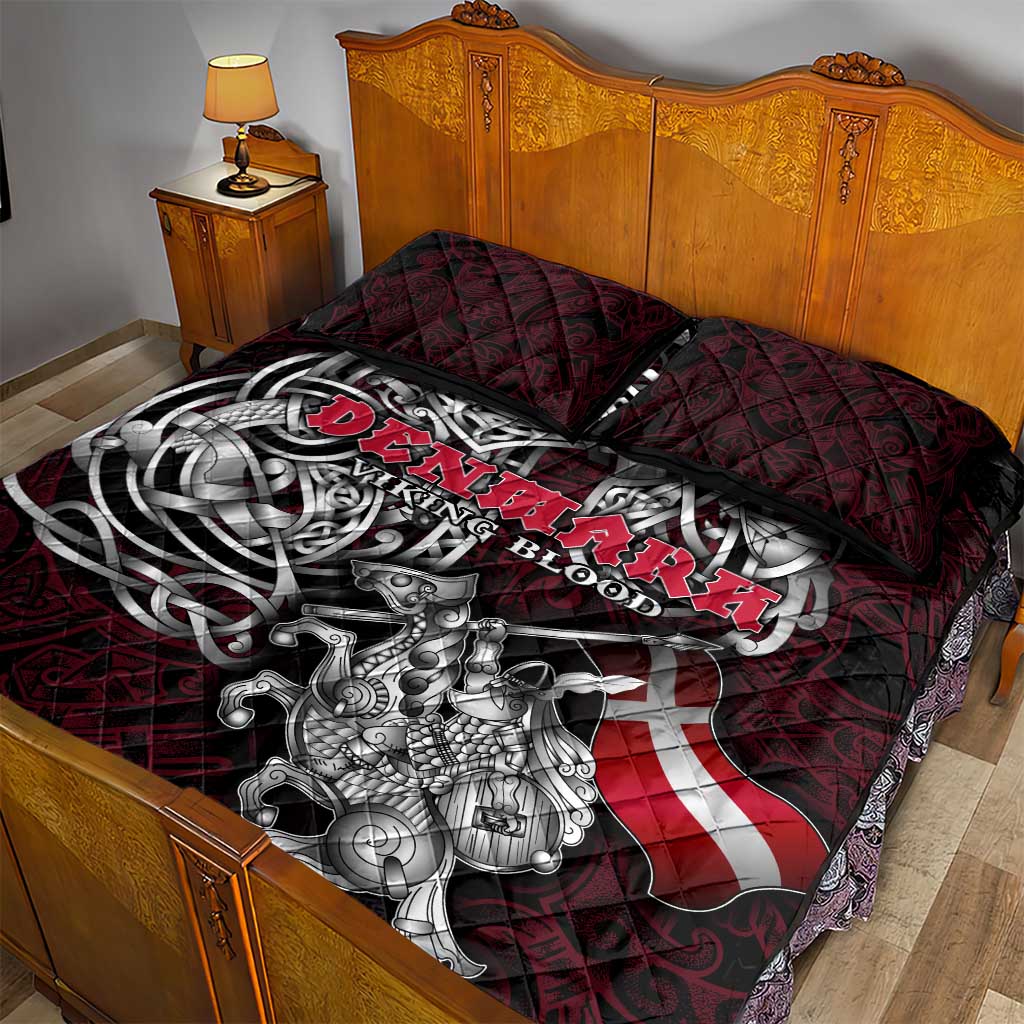 Denmark Viking Blood Quilt Bed Set Nordic Runes and Shield of Ancestry in Tribal Knotwork